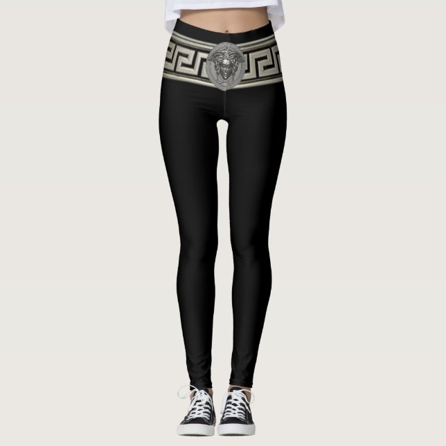 Legging Medusa Prateada e Chave Grega em Preto (Frente)