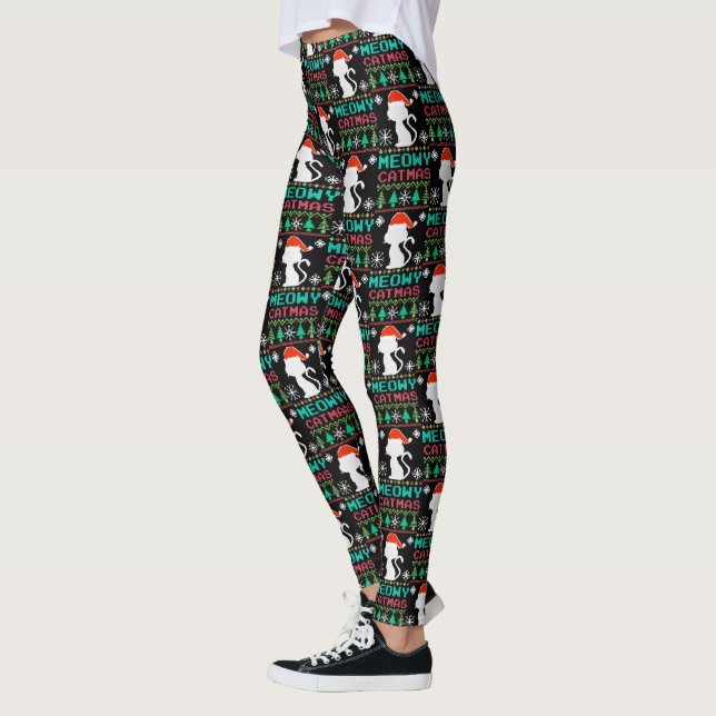 Legging Meowy Catmas Papais noeis de Natal Cat Ugly Sweate (Esquerda)