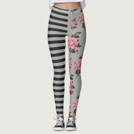 Legging Metade e meia listra e rosa florais