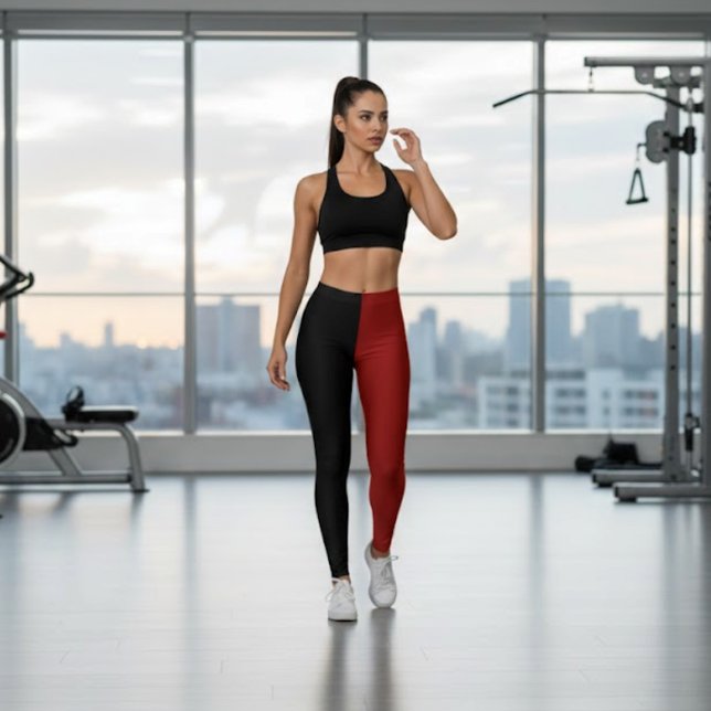 Legging Metade Preta Metade Monocromática do Vinho Vermelh (Criador carregado)