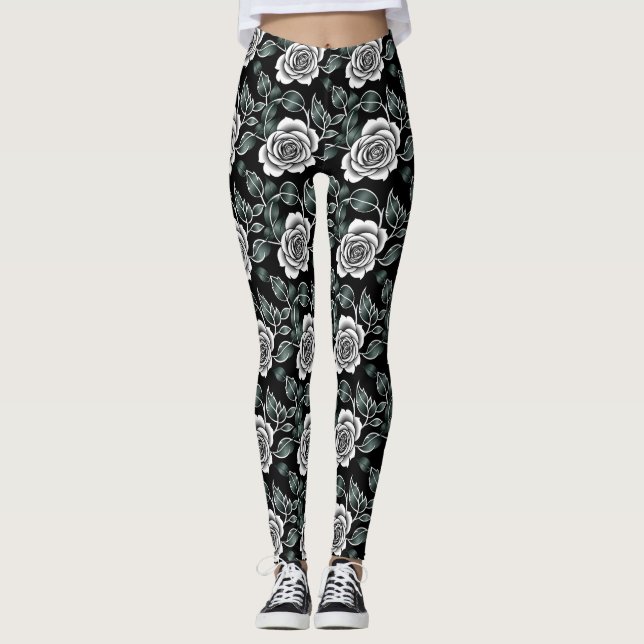Legging Metallic Silver Roses With Dark Green Leaves (Frente)
