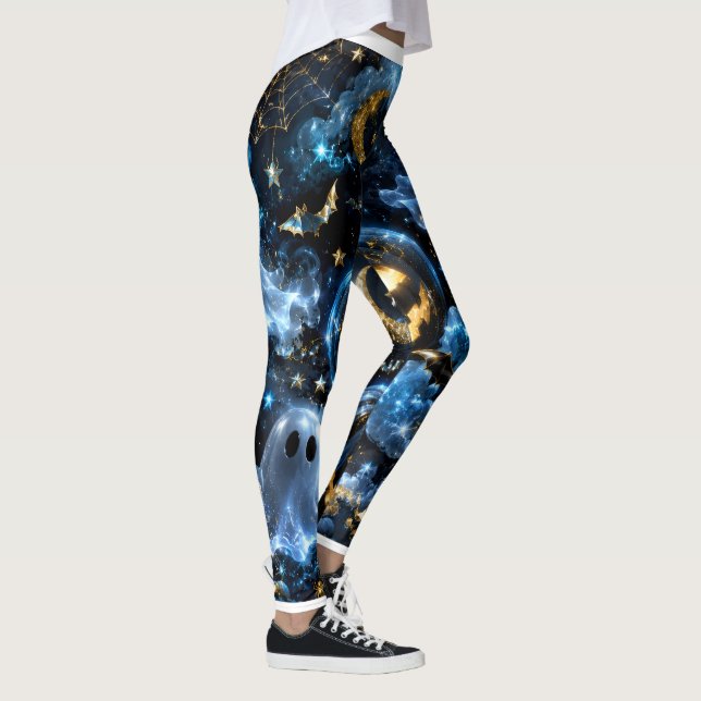 Legging Midnight Blue Gold Ghosts & Pumpkins Halloween Leg (Direita)
