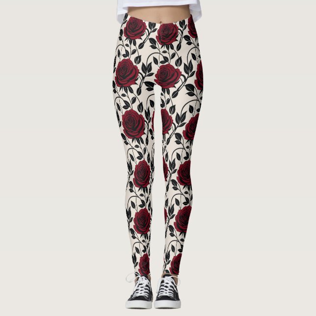 Legging Minimalist Roses In Black And Deep Red On A Cream  (Frente)
