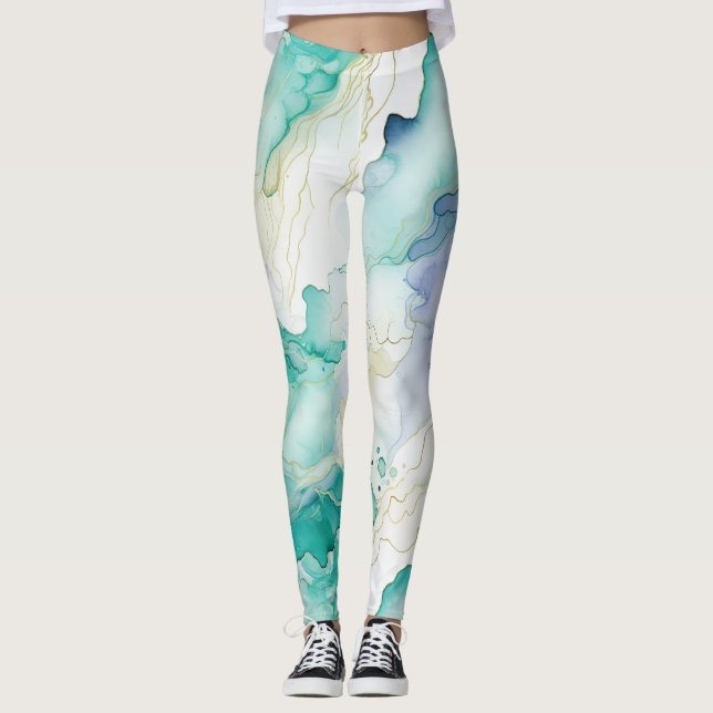 Legging Mint Aqua Blue Ink Marble (Frente)