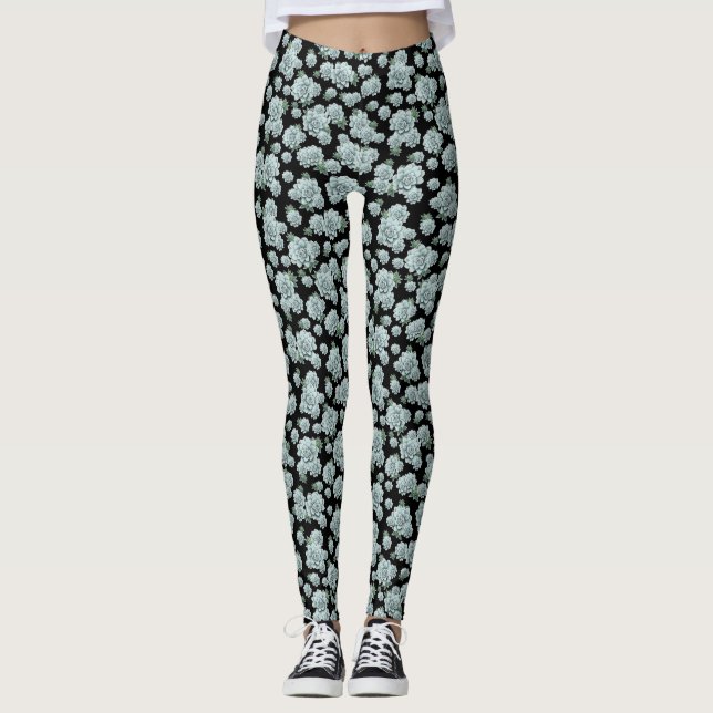 Legging Mint Rosette Suculenta Repetir Impressão a Preto (Frente)