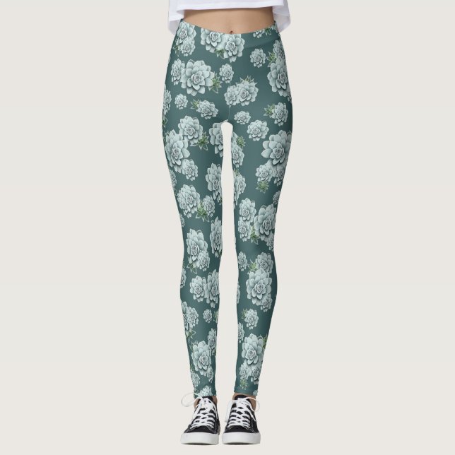 Legging Mint Rosette Suculenta Repetir Impressão no Pine V (Frente)