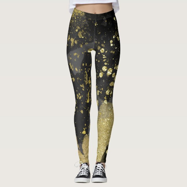 Legging Moda de Splatter do Glam Brilhante Preto e Dourado (Frente)