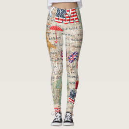 Legging Moda Única dos Estados Unidos Mapas e textos rústi
