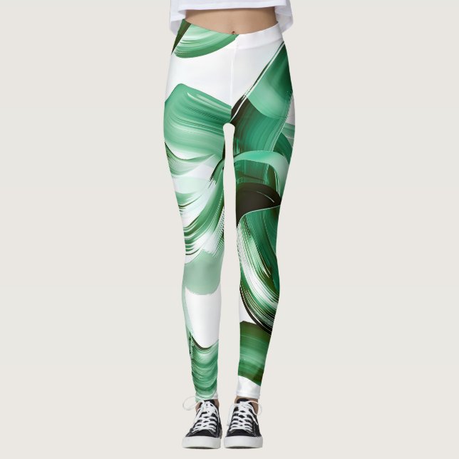 Legging Moderno Abstrato de Traços de Pincel Verde Minimal (Frente)