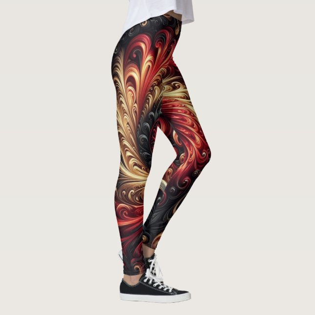 Legging Moderno Abstrato Girando Vermelho, Preto e Dourado (Direita)