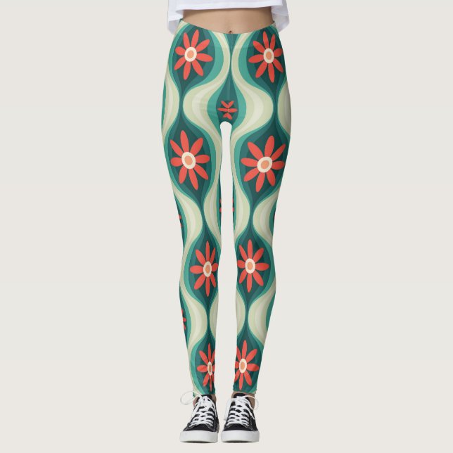 Legging Moderno do século médio: Flores Laranja Abstrato (Frente)