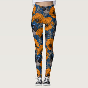 Legging Moinhos de fada e flores de papoila laranja