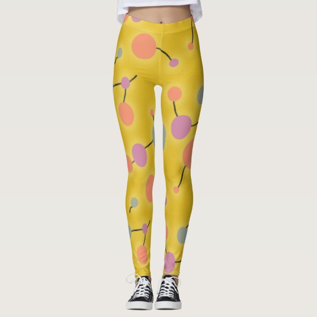 Legging Moléculas Retro Grandes Retrópicas Amarelo Rosa Un (Frente)