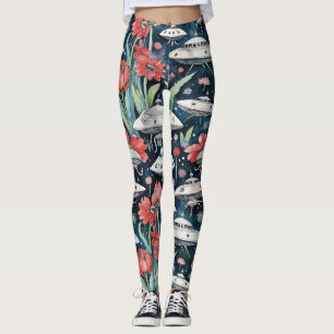 Legging Molhos Voadores Brancos com Flores Vermelhas Gigan