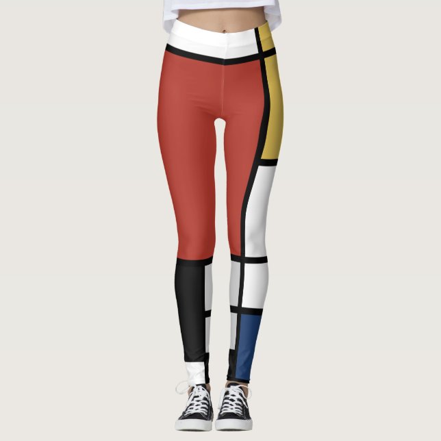 Legging Mondrian Painting Red Plane Yellow Black Cinza Blu (Frente)