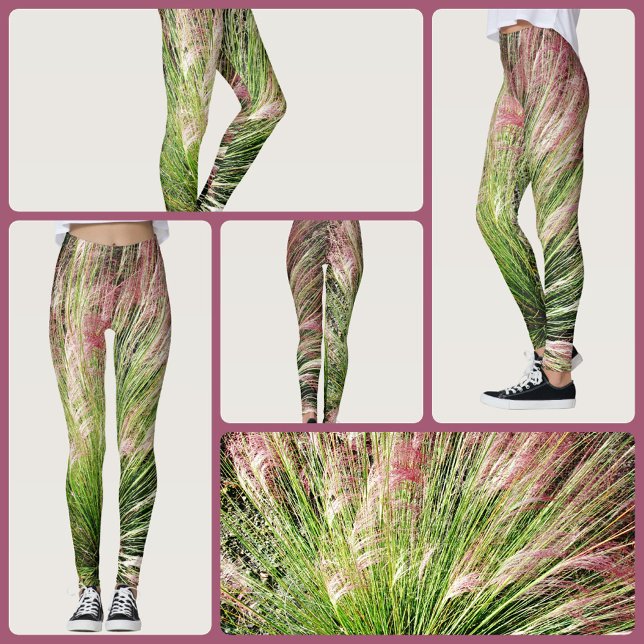 Legging Monet inspirou Abstrato de Grama Verde e Rosa (Criador carregado)