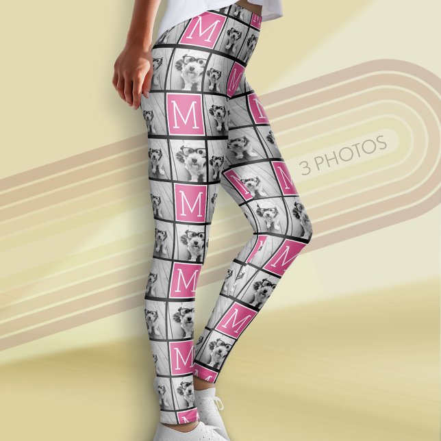 Legging Monograma Preto Rosa com Colagem de Fotografias Pe (Custom Photo Leggings)