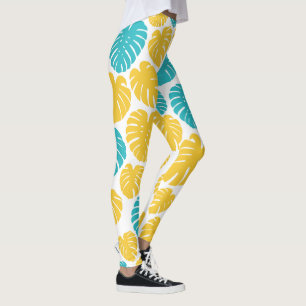 Legging Monstera deixa em turquesa, amarelo e branco