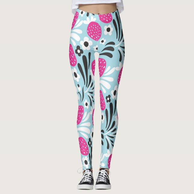 Legging Morango Floral: Berry Rosa Sem Costura. (Frente)