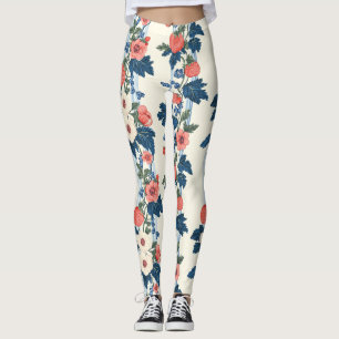 Legging Morangos Vintage e Folhas Azuis Padrão Floral