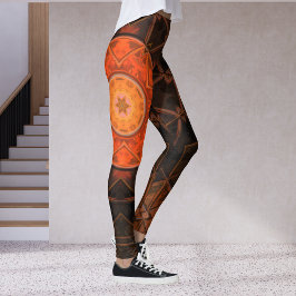 Legging Mosaico Caleidoscópio Flor Laranja e Castanho