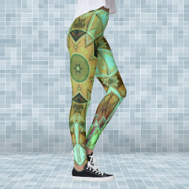 Legging Mosaico Caleidoscópio Flor Verde e Castanho
