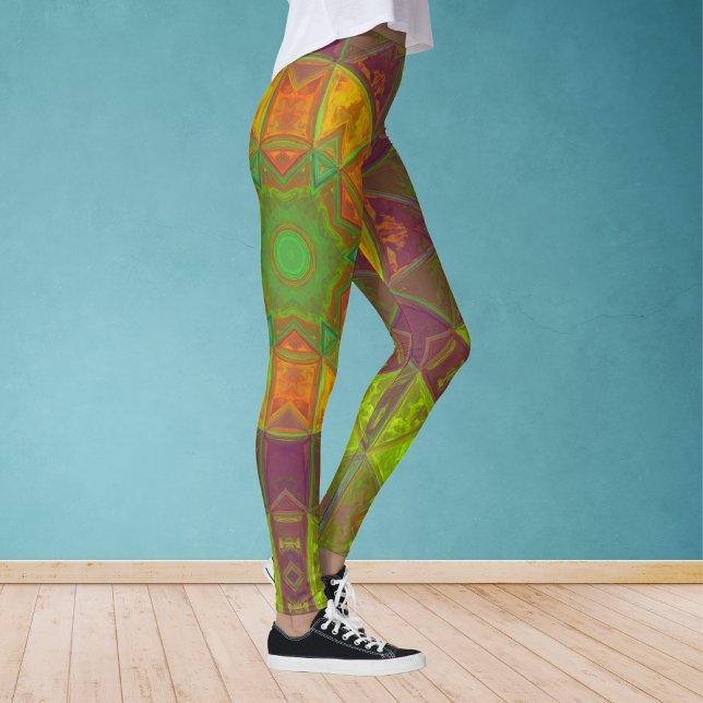 Legging Mosaico Caleidoscópio Flor Verde Roxo e Laranja (Criador carregado)