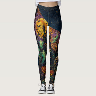 Legging Mosaico de Halloween Castelo Assombrado Gato Preto