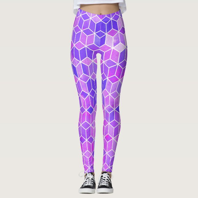 Legging Mosaico de Verão: Fusão de Cubo com Aquarela (Frente)