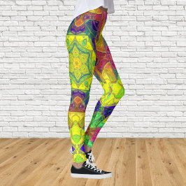 Legging Mosaico Mandala Flor Amarelo Azul e Verde
