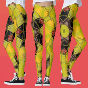 Legging Mosaico Mandala Flor Amarelo Verde Vermelho e Pret