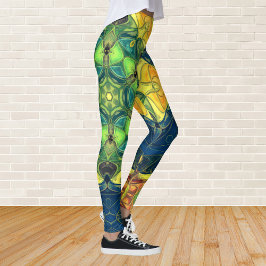 Legging Mosaico Mandala Flor Verde Amarelo e Azul