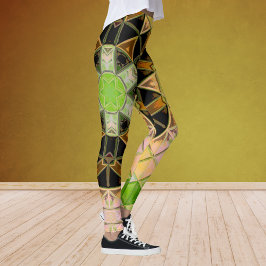 Legging Mosaico Mandala Flor Verde Amarelo e Negro