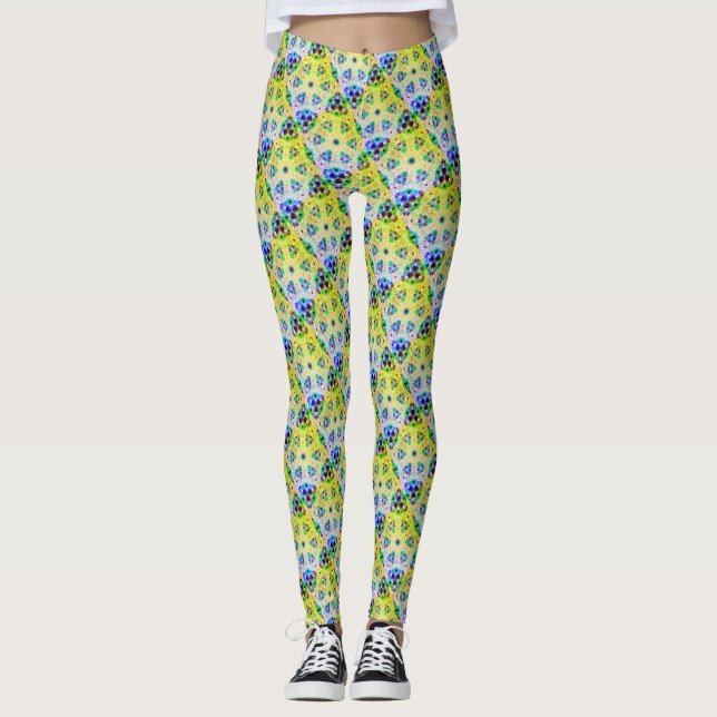 Legging Mosaico MODERN-abstrato, em azul-claro-amarelo (Frente)