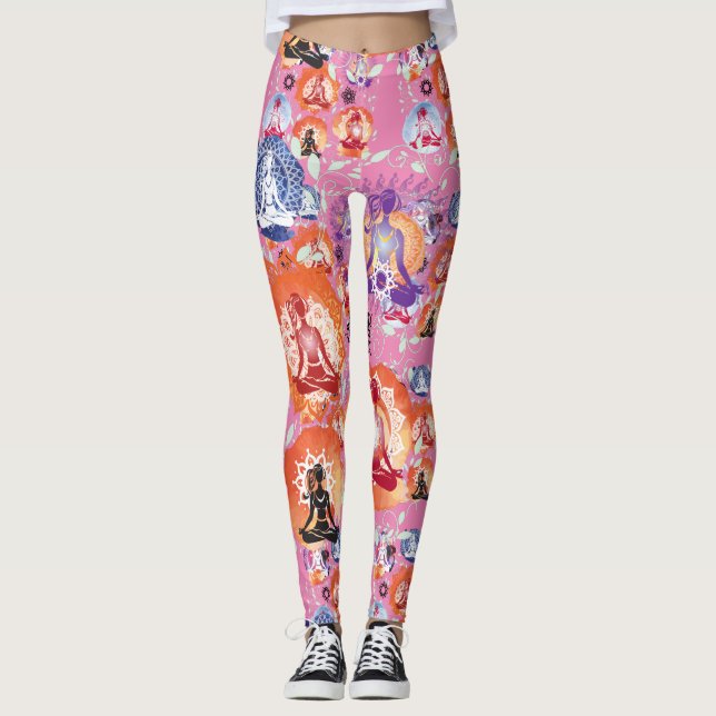 Legging Mulher De Yoga Em Meditação Pose Karma Rosa (Frente)