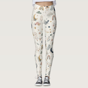Legging Mulheres Boho Celestiais Lua Estrelas Neutras