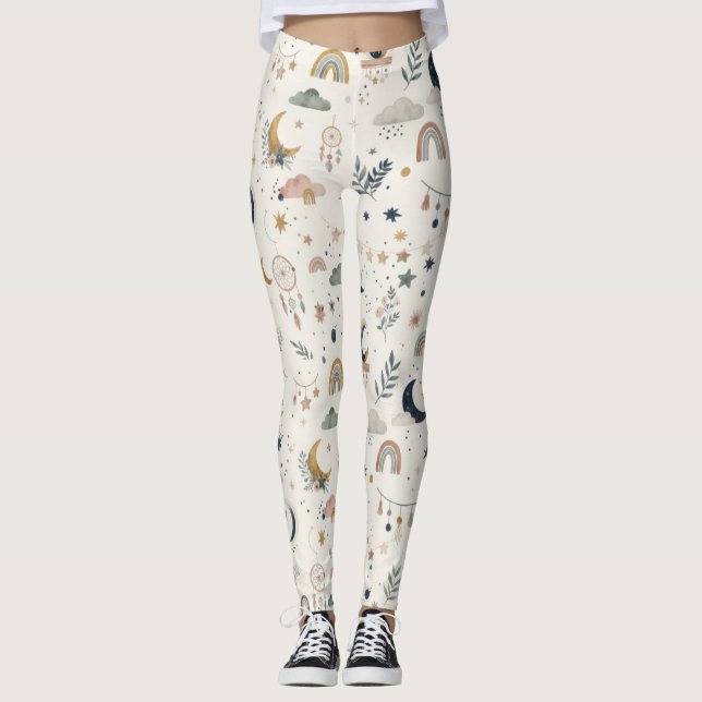 Legging Mulheres Boho Celestiais| Lua Estrelas Neutras (Frente)