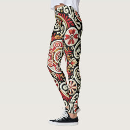Legging Mulheres bordadas Douradas e vermelhas elegantes