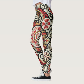 Legging Mulheres bordadas Douradas e vermelhas elegantes