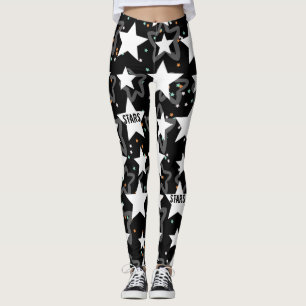 Legging Mulheres com padrão branco preto nas estrelas mod