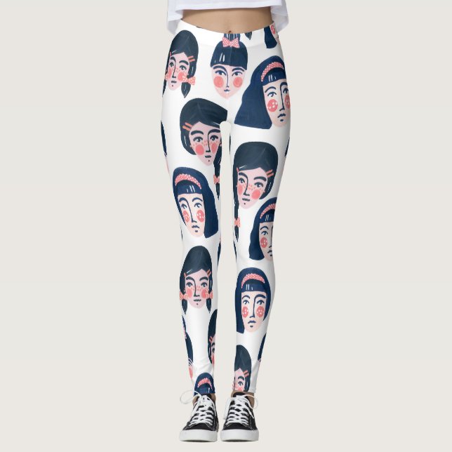 Legging Mulheres Whimsical: Cartoon Face Art (Frente)