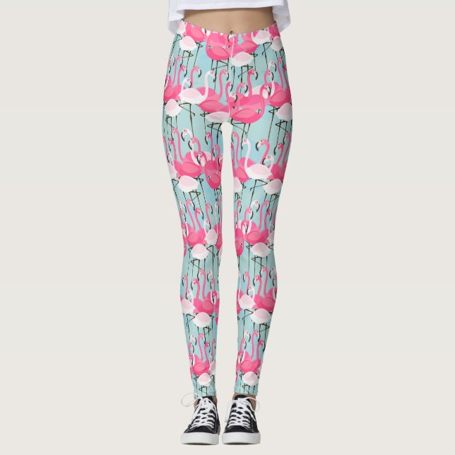 Legging Multidão cor-de-rosa e branca de flamingos (Frente)