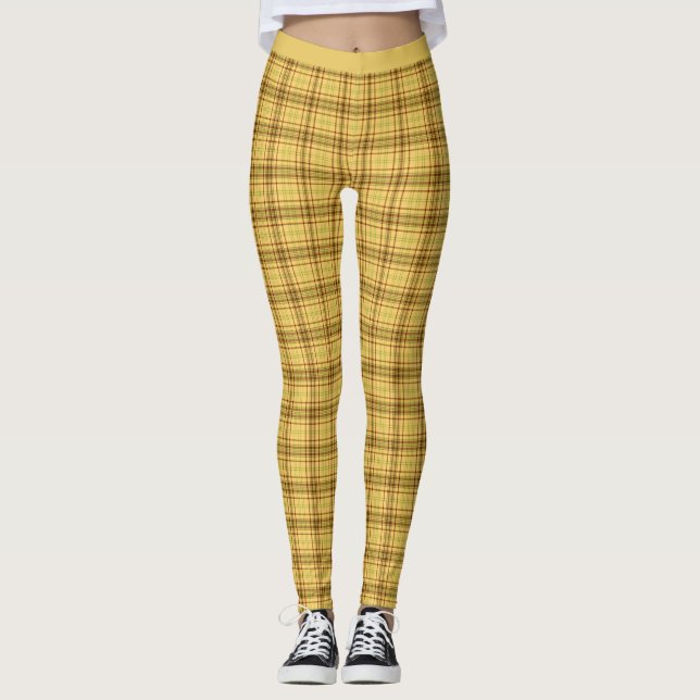 Legging Na moda Amarelo Castanho Escocês Xadrez de Tartan  (Frente)