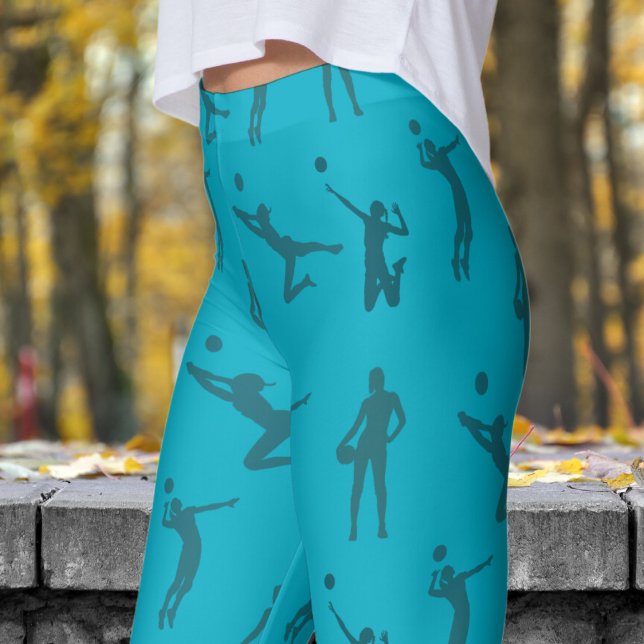 Legging Na moda Azure Blue Womens Padrão de Voleibol (Womens Volleyball on Deep Azure Blue Leggings)
