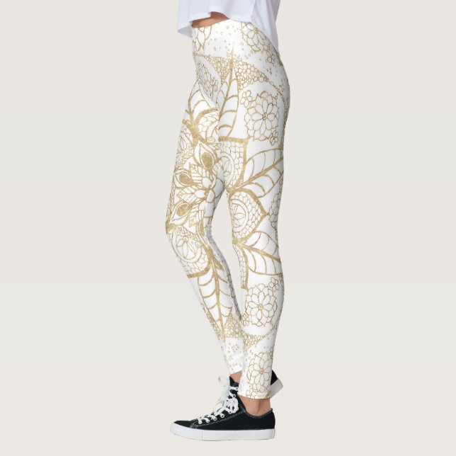 Legging Na moda Boho White Dourado Mandala Floral (Esquerda)