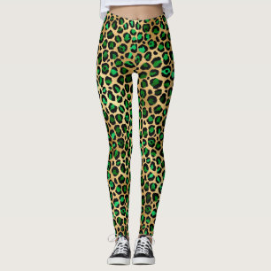 Legging Na moda Dark Green e Gold Foil Leopard Spots