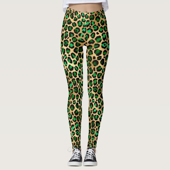 Legging Na moda Dark Green e Gold Foil Leopard Spots (Frente)