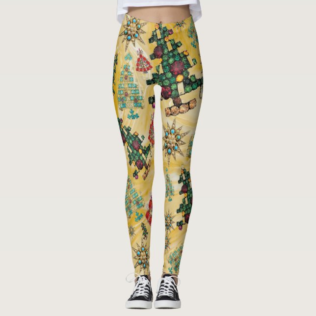 Legging Na moda de Natal Joia da Árvore Amarelo (Frente)