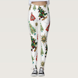Legging Na moda de Natal - Padrão de Joia da Árvore Branco