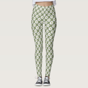 Legging Na moda Khaki White Flowers Padrão Floral